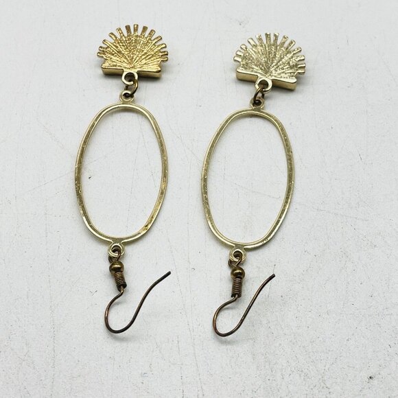 Oval Hoop Earrings Half Sun Charm Gold Tone Brown Glitter Bead Boho Festival - Picture 2 of 9